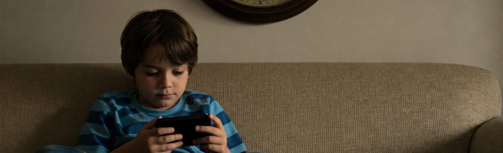 Kid using phone who may need screen time app, clock on wall behind him