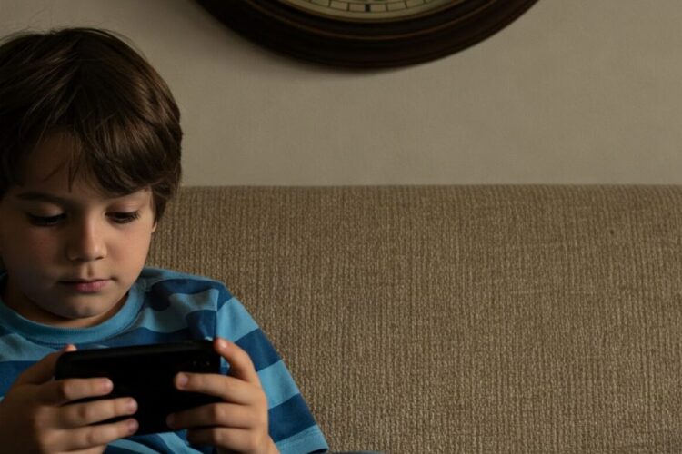 Kid using phone who may need screen time app, clock on wall behind him