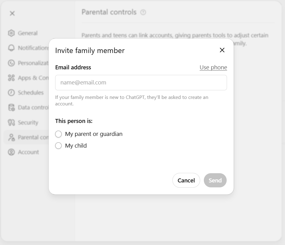 ChatGPT Parental Controls interface
