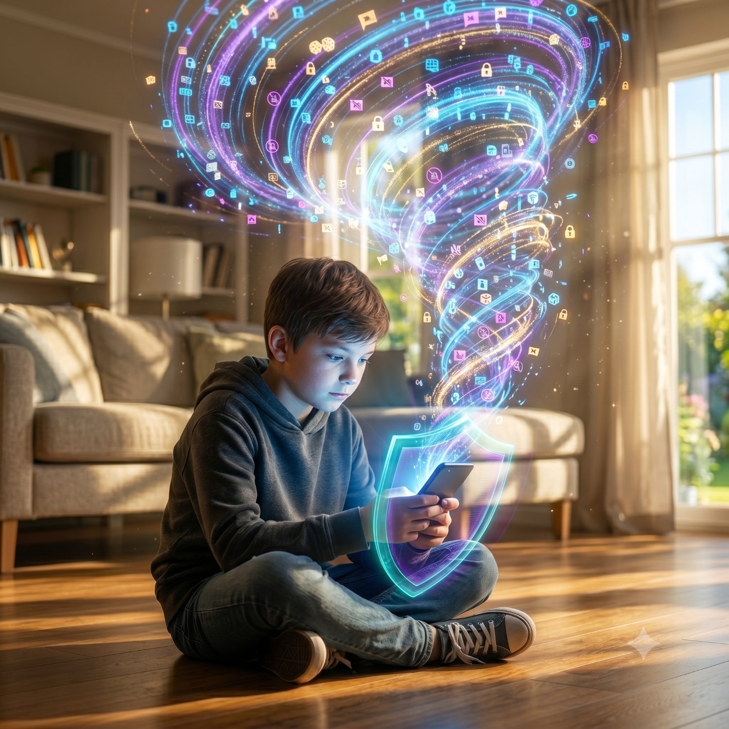 A bored child on a phone shielded from a swirl of risky content