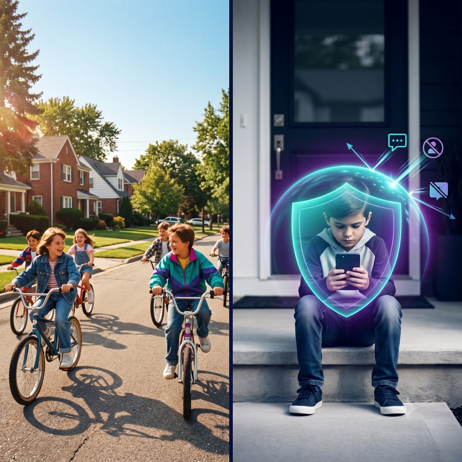 Kids riding bikes in the 90s next to a boy protected by Canopy on his phone today