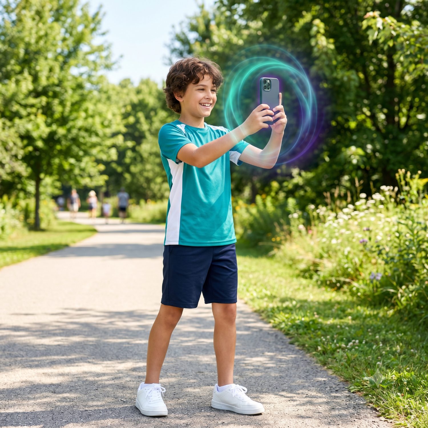 A boy taking photos on a summer trail, protected by Canopy