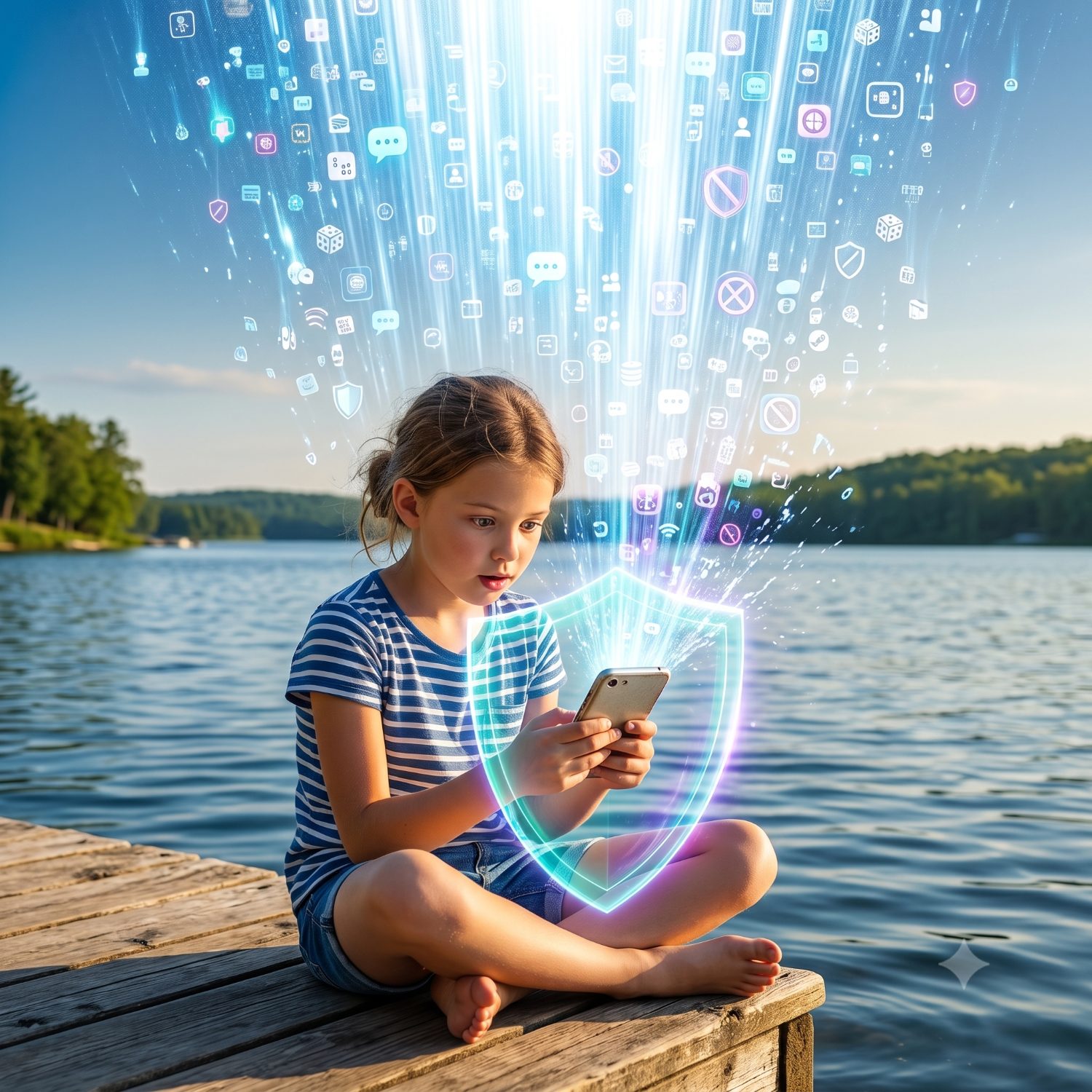 A girl on a lake dock, protected while on her phone