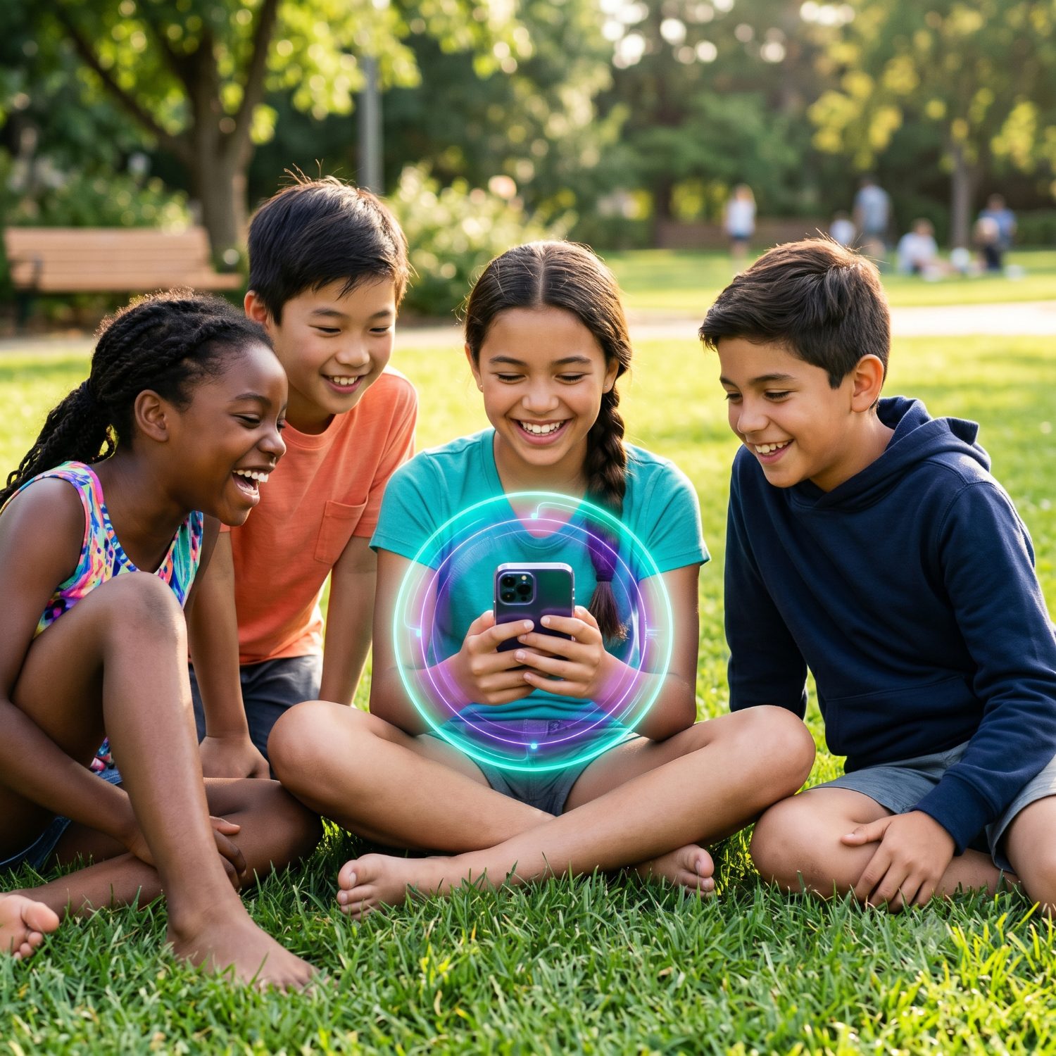 A group of kids laughing together around a protected phone in the park