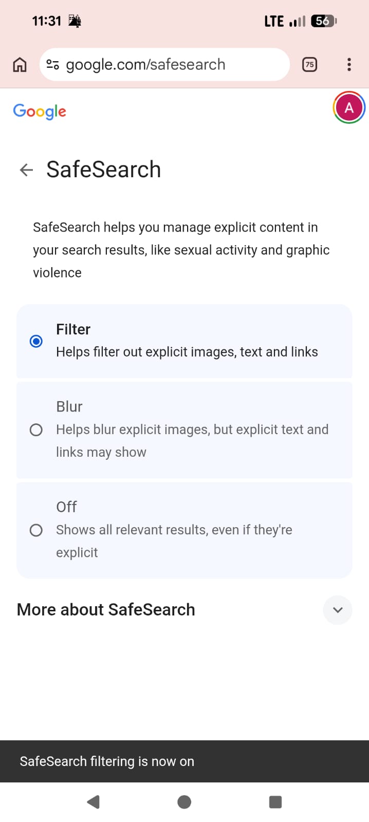 Google SafeSearch settings on Android with Filter selected and SafeSearch filtering confirmed on