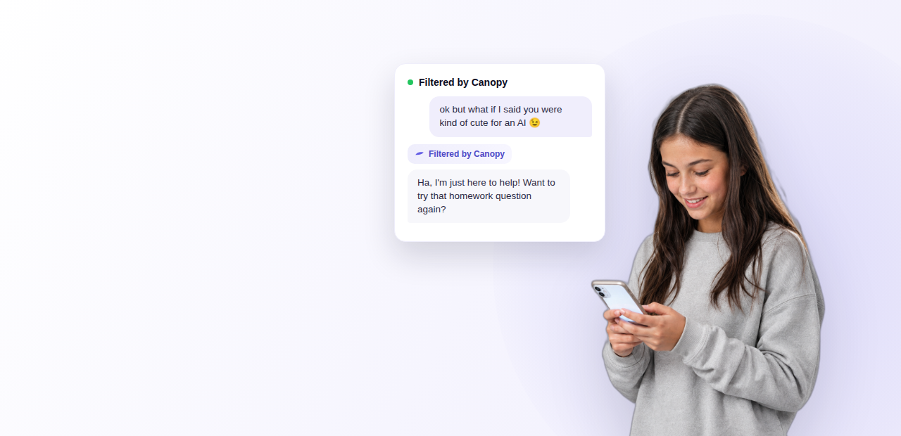 Illustration showing Canopy silently filtering a chatbot conversation before it reaches the user.